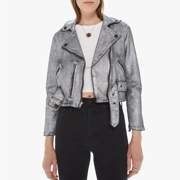 Mother Denim Friday Night Freestyle Metallic Silver Coated Moto Jacket XS - Picture 3 of 12